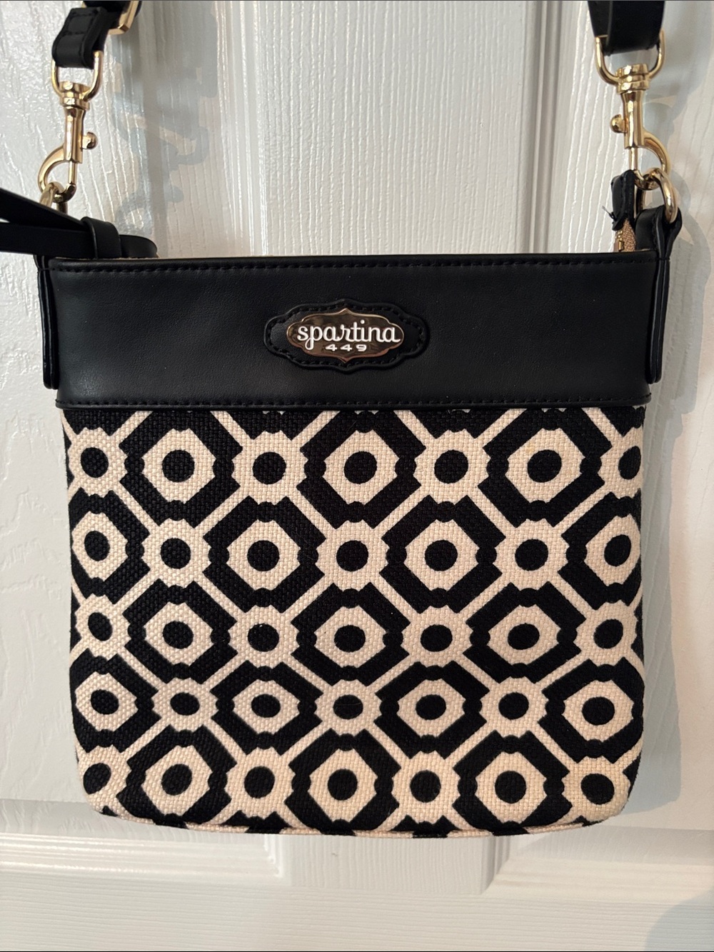 Spartina 449 Black and Cream Geometric Crossbody Bag with Adjustable Strap